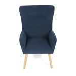 Křeslo, potah modrá manšestrová látka, dřevěné nohy, masiv kaučukovník