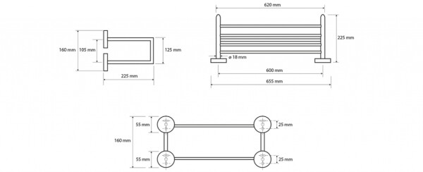 SAPHO - X-ROUND polička na ručníky dvojitá s hrazdou 600x160x225, chrom XR416