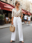 Dámské lněné kalhoty s širokými nohavicemi bílé UY3078 - FashionStreet S