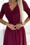 309-9 AMBER elegantní dlouhé maxi šaty s krajkovým výstřihem - Bordeaux XL