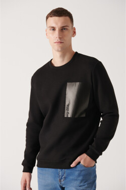 Avva Men's Black Crew Neck Thread Inner Fleece Printed Standard Fit Regular Fit Sweatshirt