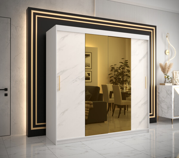 Šatní skříň Abi Golden T1 Barva korpusu: Bílá, Rozměry: 200 cm, Dveře: Bílý mramor se zlatým zrcadlem