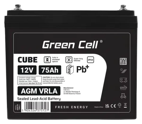 Green Cell AGM12V75AH-J / Olověný akumulátor VRLA AGM / 12V / 75Ah / IP54 (AGM12V75AH-J)