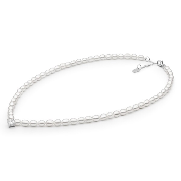 Perlový náhrdelník se zirkonem - stříbro 925/1000, sladkovodní perla, 38 cm + 3 cm (prodloužení) Bílá