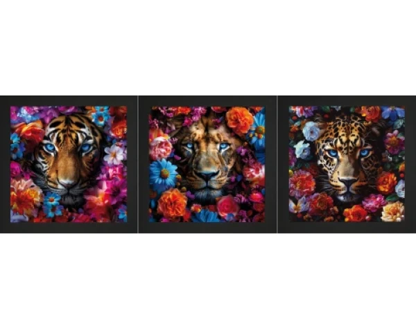Sada obrazů (3 ks) Divoké šelmy v květech, 23x23 cm