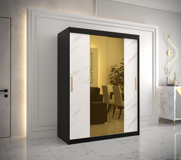 Šatní skříň Abi Golden T1 Barva korpusu: Černá, Rozměry: 150 cm, Dveře: Bílý mramor se zlatým zrcadlem