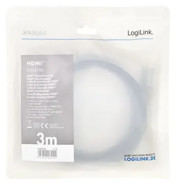 LogiLink HDMI 2.1 černá / HDMI kabel / 8K/60Hz / 48 Gb/s / 3 m (CHA0106)