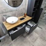 MEREO - Mailo, koupelnová skříňka s umyvadlem z litého mramoru 81 cm, šedá láva, černé madlo CN561MB