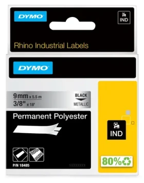 Dymo originální páska do tiskárny štítků 9 mm x 5,5 m / černý tisk / metalický podklad / RHINO permanentní polyester (18485)