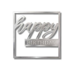 Dortisimo Plastová dekorace na dort Happy Birthday ve čtverci stříbrná (bez zápichu)