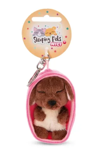 NICI klíčenka Spící pejsek 8cm hnědý košík růžový