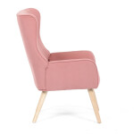 Křeslo, potah růžová manšestrová látka, dřevěné nohy, masiv kaučukovník
