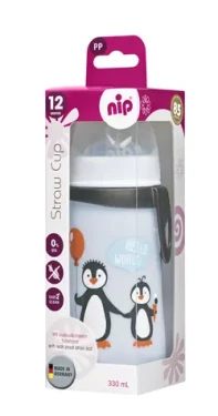 NIP Straw cup láhev s brčkem PP 330ml modrá / od 12 měsíců (NIP35067)