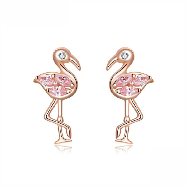Stříbrné náušnice Plameňák s růžovými zirkony - stříbro 925/1000, Růžová