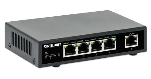 Intellinet 5-portový Gigabit PoE+ switch / Switch / 5x Gigabit RJ45 / 4x PoE+ porty / 62 W / kovové tělo (561839)