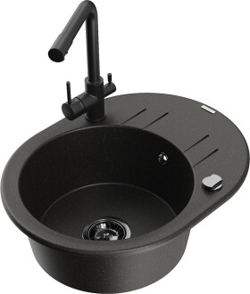 MEXEN/S - Kevin granitový dřez s odkapávačem včetně baterie Duero, černá/zlatá metalik 6517-75-671600-70-B