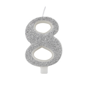 Svíčka číslo 8 stříbrná s glitrem Svíčka číslo 8 stříbrná s glitrem