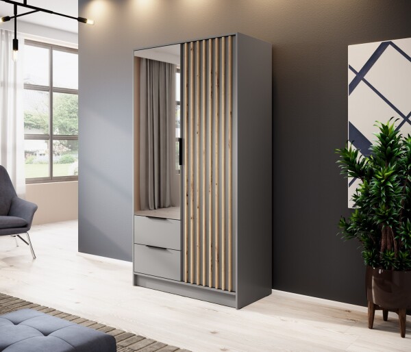 FRONTI Šatní skříň NELLY 2D zrcadlo šedá + dub artisan 13192