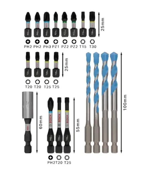 BOSCH Sada bitů a vrtáků Multi Construction PRO Impact / 20 dílů / PH2, PZ2, T15, T20, T25, T30 / Vrtáky 5-8 mm (2608521U83)