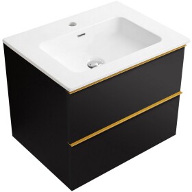 CERANO - Koupelnová skříňka Velora - černá matná, úchytka zlatá + keramické umyvadlo Novo - bílá lesklá - 61x54,5x46,5 CER-979899