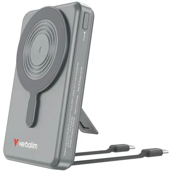 Verbatim Charge 'n' Go 2C šedá / Magnetická bezdrátová powerbanka / 10 000 mAh / MagSafe / integrované kabely USB-C (32272)