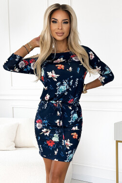 13-160 Sportovní šaty s kravatou - KVĚTINY na tmavě modrém pozadí M