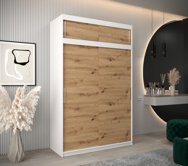 Šatní skříň Abi T0 s nástavcem Barva korpusu: Bílá, Rozměry: 150 cm, Dveře: Dub artisan