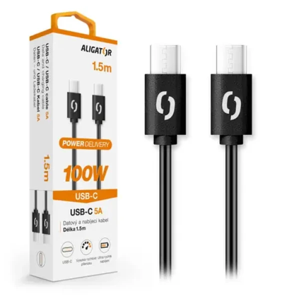 Aligator Datový kabel POWER 5A USB-C - USB-C 1.5m černá / 100W (DATKP46)