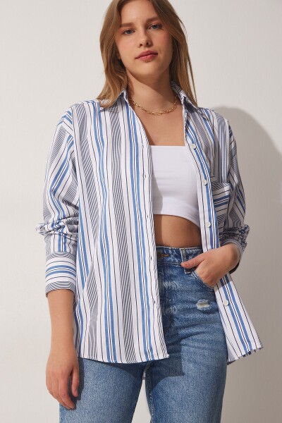 Happiness İstanbul Women's White Blue Striped Oversize Cotton Shirt