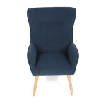 Křeslo, potah modrá manšestrová látka, dřevěné nohy, masiv kaučukovník
