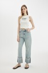 DEFACTO Straight Fit High Waist Folded Leg Ankle Length Jean Washed Trousers