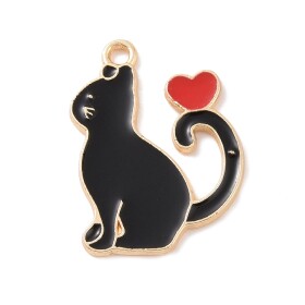 Kovový přívěsek - Kočka se srdcem - černá - 25 × 20 × 1,5 mm - 1 ks