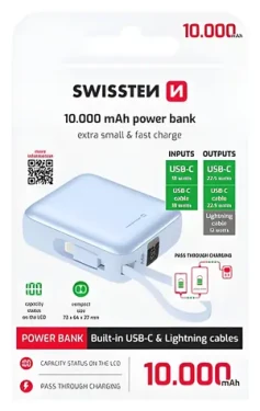 Swissten Space 10000 mAh modrá / Powerbanka s integrovanými kabely / USB-C + Lightning