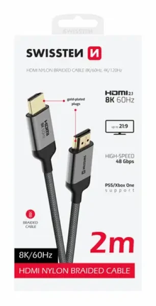 SWISSTEN Kabel HDMI 2.1 (M) - HDMI 2.1 (M) 2m černá / 48 Gbps / 8K / 60Hz / zlacené kontakty (75501201)