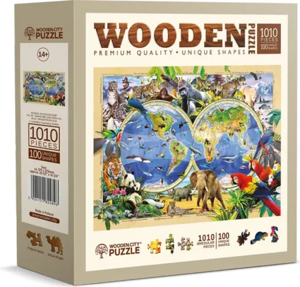 WOODEN CITY Dřevěné puzzle Mapa světa zvířat 1010 dílků