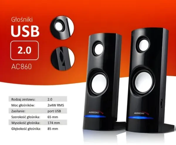 Počítačové reproduktory AC860 černé / Reproduktory / 2.0 / 4W RMS / USB napájení / Jack 3.5mm (AC860)