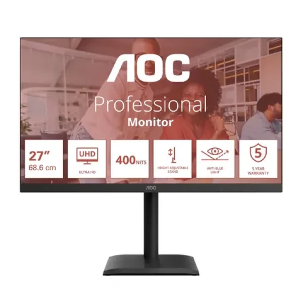 27" AOC U27E4CV černá / IPS / 3840x2160 / 16:9 / 4ms / 1200:1 / 400cd-m2 / HDMI + DP + USB-C / VESA (U27E4CV)