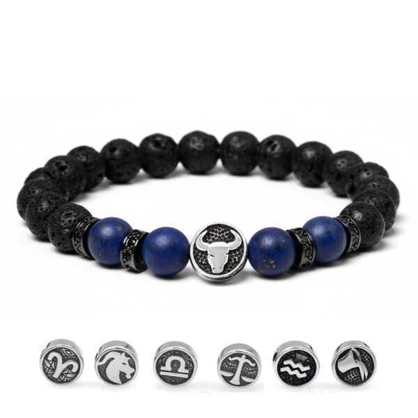 Náramek znamení zvěrokruhu Zodiac - 8 mm lapis lazuli, lávový kámen, 18 cm Vodnář (21.1. - 20.2.)