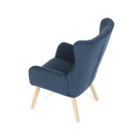 Křeslo, potah modrá manšestrová látka, dřevěné nohy, masiv kaučukovník