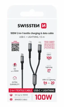 SWISSTEN Nabíjecí kabel 2v1 100W USB-C/USB-C + Lightning 1.5m černá (72501202)