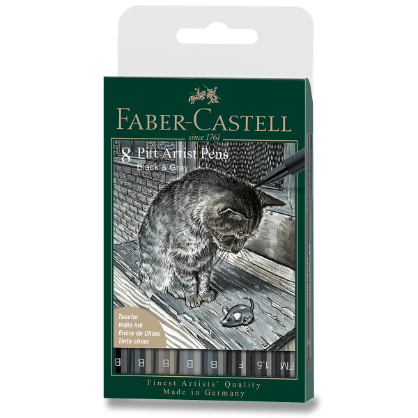 Popisovač Faber-Castell Pitt Artist Pen Black&Grey sada 8 ks, různé hroty, černý a šedý