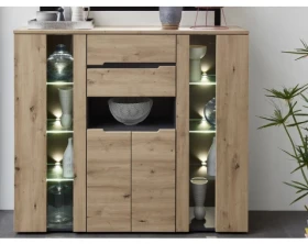 Vysoká komoda s osvětlením Memphis, 145 cm, dub artisan/grafit