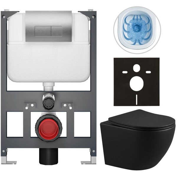 CERANO Kompletní WC set Basic/Cesso - černá matná - WC tlačítko Modulo/Stříbrná - závěsné - nízký modul - předstěnová instalace - 49x36 cm - 8050BD86374