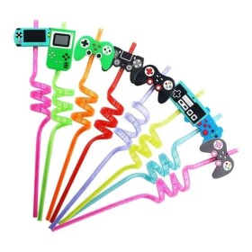 Dortisimo Plastová barevná brčka spirálová s herními motivy (4 ks)