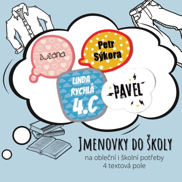 24 x jmenovky pro děti KOMIKS sada, různé velikosti a barvy