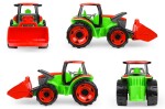 Traktor se lžící a s vozíkem, červeno zelený