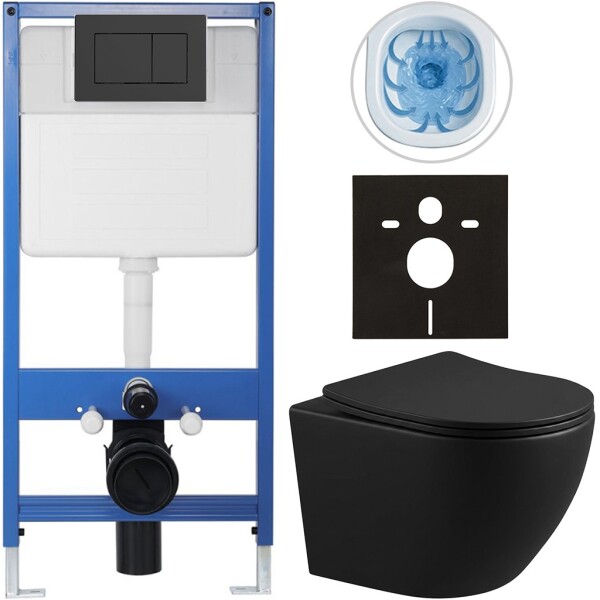 CERANO Kompletní podomítkový WC set Lite/Cesso - černá matná - WC tlačítko Classic, černé matné - předstěnová instalace/sádrokarton - 49x36 cm - 8050BD37