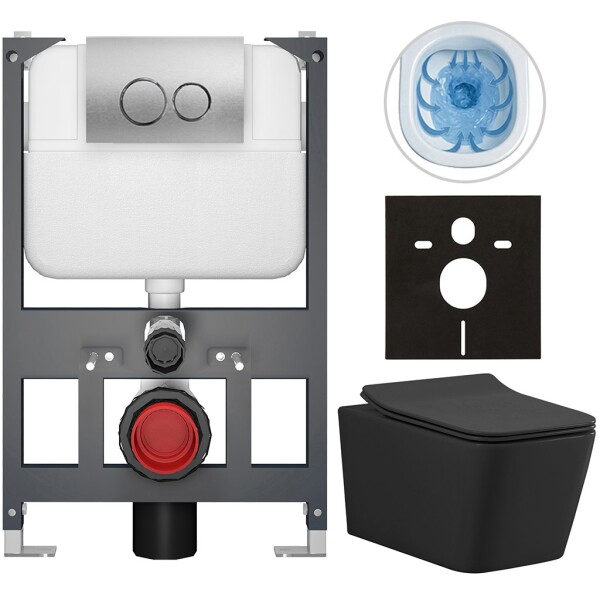 CERANO - Kompletní WC set Basic/Forte - černá matná - WC tlačítko Dualo/Stříbrná - závěsné - nízký modul - předstěnová instalace - 51x36 CER-8050BD86389