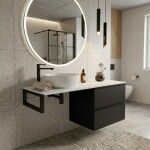 CERANO - Koupelnová skříňka Velora - černá matná, úchytka černá + deska pod umyvadlo z lit. mramoru Elanys - 12 mm + konzole černá - 160x54,2x46,5 CER-679392