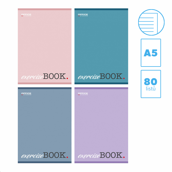 Office Products školní sešit, A5, 60 g, 80 listů, linka, mix barev - 4ks